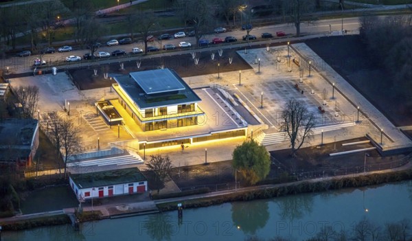 Aerial view, water sports centre and the adjacent lock area, rowing club, water sports club, centre, Hamm, Ruhr area, North Rhine-Westphalia, Germany, DE, Europe, birds-eyes view, aerial view, aerial photography, aerial photography, overview, bird's eye view, club fusion, night shot, twilight shot, Hamm at night