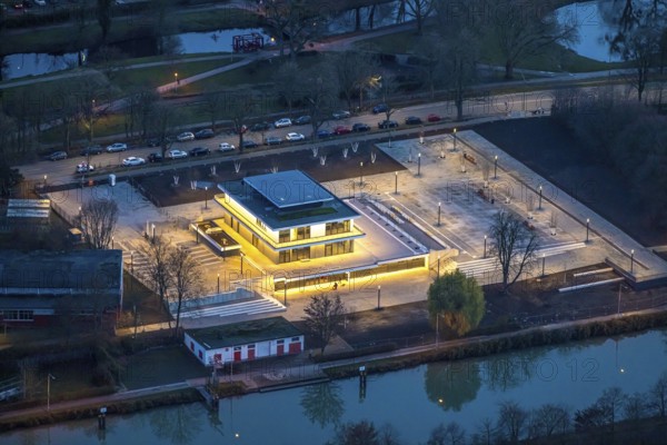 Aerial view, water sports centre and the adjacent lock area, rowing club, water sports club, centre, Hamm, Ruhr area, North Rhine-Westphalia, Germany, DE, Europe, birds-eyes view, aerial view, aerial photography, aerial photography, overview, bird's eye view, club fusion, night shot, twilight shot, Hamm at night