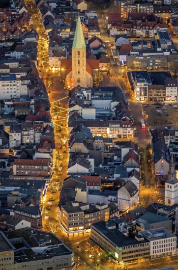 Aerial view, night shot of the pedestrian zone Hamm, Weststraße, Pauluskirche, Widumstraße, Westentor, centre, Hamm, Ruhr area, North Rhine-Westphalia, Germany, DE, Europe, birds-eyes view, aerial view, aerial photography, aerial photography, overview, overview, bird's eye view, night shot, twilight shot, Hamm at night