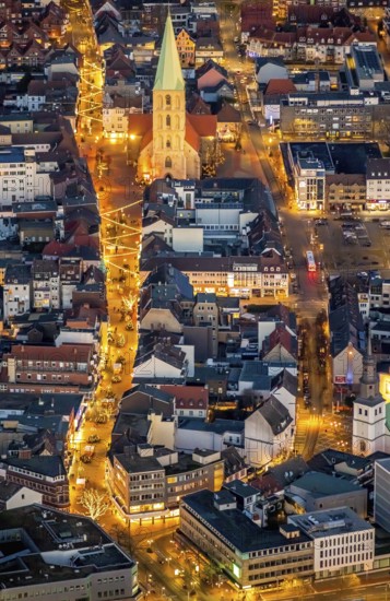 Aerial view, night shot of the pedestrian zone Hamm, Weststraße, Pauluskirche, Widumstraße, Westentor, centre, Hamm, Ruhr area, North Rhine-Westphalia, Germany, DE, Europe, birds-eyes view, aerial view, aerial photography, aerial photography, overview, overview, bird's eye view, night shot, twilight shot, Hamm at night