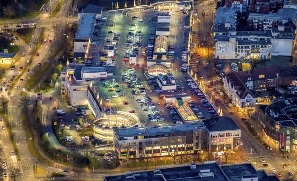 Aerial view, night view of Alleecenter, ECE, shopping centre, city centre Hamm, Mitte, Hamm, Ruhr area, North Rhine-Westphalia, Germany