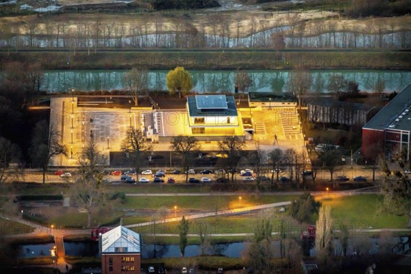 Aerial view, water sports centre and the adjacent lock area, rowing club, water sports facilities, centre, Hamm, Ruhr area, North Rhine-Westphalia, Germany, DE, Europe, birds-eyes view, aerial view, aerial photography, aerial photography, overview, bird's eye view, night shot, twilight shot, Hamm at night