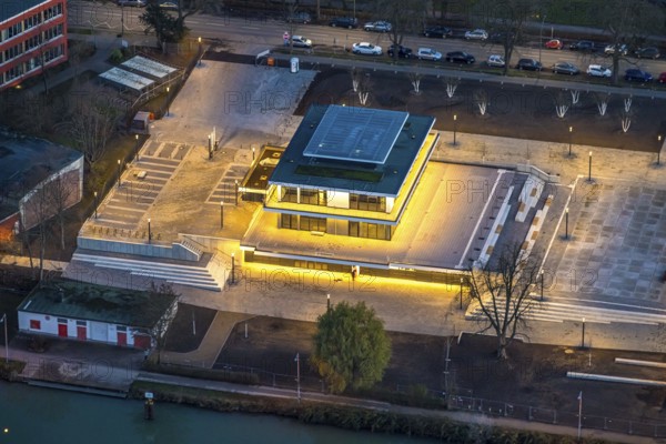 Aerial view, water sports centre and the adjacent lock area, rowing club, water sports club, centre, Hamm, Ruhr area, North Rhine-Westphalia, Germany, DE, Europe, birds-eyes view, aerial view, aerial photography, aerial photography, overview, bird's eye view, club fusion, night shot, twilight shot, Hamm at night