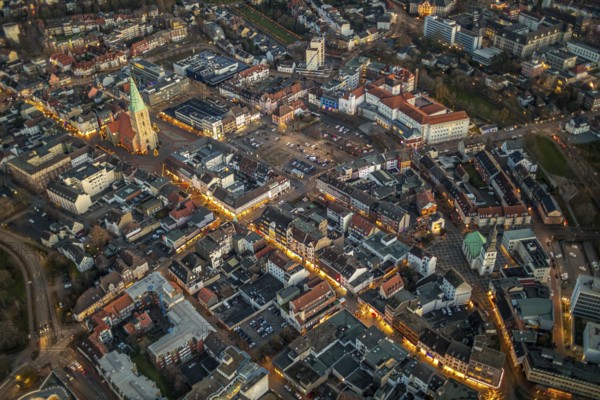 Aerial view, city centre Hamm, Pauluskirche, market place without Christmas market, Marien-Hospital, Santa-Monica-Platz, car park, Weststraße, Mitte, Hamm, Ruhr area, North Rhine-Westphalia, Germany, DE, Europe, birds-eyes view, aerial view, aerial photography, aerial photography, overview, bird's eye view, night view, twilight view, Hamm at night