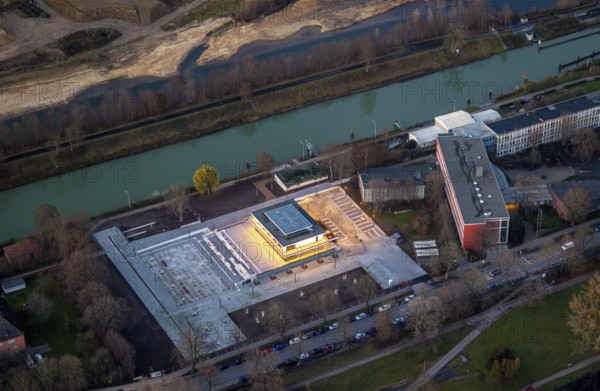 Aerial view, water sports centre and the adjacent lock area, rowing club, water sports club, centre, Hamm, Ruhr area, North Rhine-Westphalia, Germany, DE, Europe, birds-eyes view, aerial view, aerial photography, aerial photography, overview, bird's eye view, club fusion, night shot, twilight shot, Hamm at night