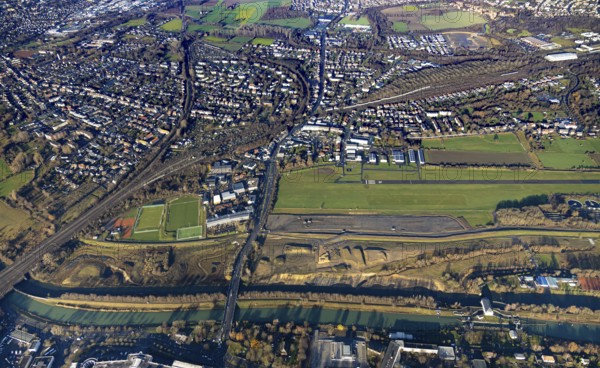 Aerial photo, Hamm-Lippewiesen airfield, Lippe reconstruction, Hamm on the water, Datteln-Hamm canal, canal edge, Heessen, Hamm, Ruhr area, North Rhine-Westphalia, Germany, DE, Europe, birds-eyes view, aerial photo, aerial photography, aerial photography, overview, overview, bird's eye view, LSC-Hamm, Luftsportclub Hamm e.V., EDLH, Kläranlage Lippeverband, runway, runway, general aviation, general aviation, special landing strip