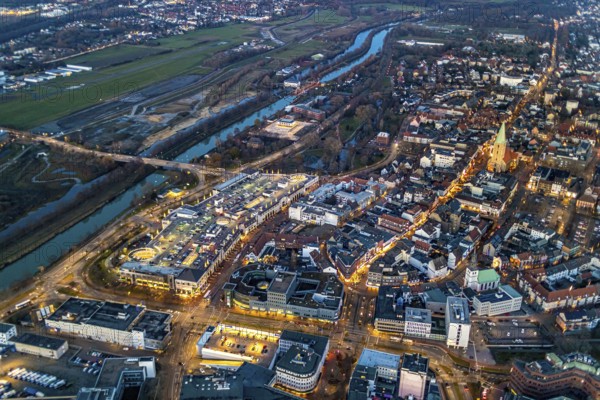 Aerial view, overview of Hamm at night, Technical Town Hall, Alleecenter ECE, Luther Church in the Luther Quarter, Bockum-Hövel, Hamm, Ruhr Area, North Rhine-Westphalia, Germany, DE, Europe, birds-eyes view, aerial view, aerial photography, aerial photography, overview, bird's eye view, night view, twilight shot, Hamm at night