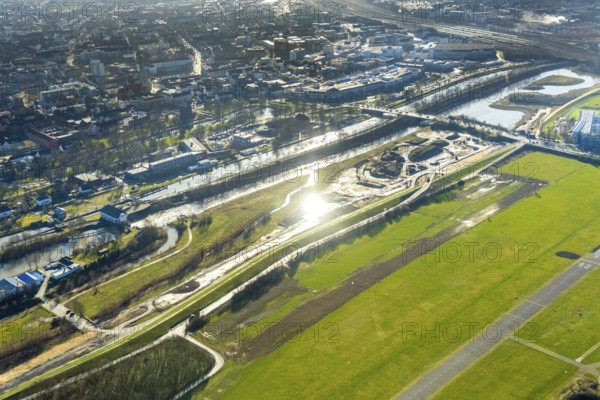 Aerial photo, Lippewiesen, reconstruction of Lippe meadows between Hamm-Lippewiesen airfield and Lippe, EDLH, runway extension in the approach area of runway 24 and runway 06, Heessen, Hamm, Ruhr area, North Rhine-Westphalia, Germany, DEU, Europe, birds-eyes view, aerial photo, aerial photography, aerial photography, overview, overview, bird's eye view, Lippe, Lippe dam, dam relocation, extension of Hamm airfield runway, special airfield