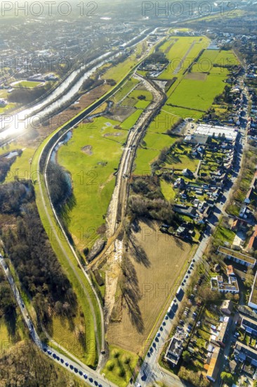 Aerial photo, Lippewiesen, reconstruction of Lippe meadows between Hamm-Lippewiesen airfield and Lippe, EDLH, runway extension in the approach area of runway 24 and runway 06, Heessen, Hamm, Ruhr area, North Rhine-Westphalia, Germany, DEU, Europe, birds-eyes view, aerial photo, aerial photography, aerial photography, overview, overview, bird's eye view, Lippe, Lippe dam, dam relocation, extension of Hamm airfield runway, special airfield