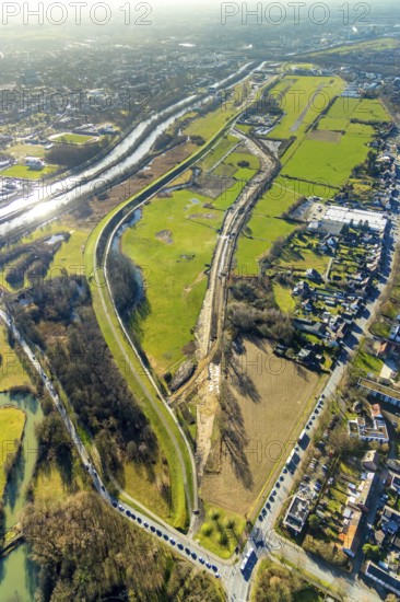 Aerial photo, Lippewiesen, reconstruction of Lippe meadows between Hamm-Lippewiesen airfield and Lippe, EDLH, runway extension in the approach area of runway 24 and runway 06, Heessen, Hamm, Ruhr area, North Rhine-Westphalia, Germany, DEU, Europe, birds-eyes view, aerial photo, aerial photography, aerial photography, overview, overview, bird's eye view, Lippe, Lippe dam, dam relocation, extension of Hamm airfield runway, special airfield