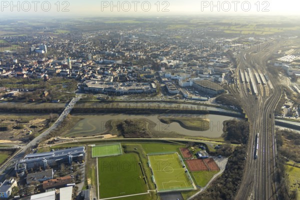Aerial view, reconstruction Lippe, sports facility hockey and tennis club Hamm, Allee-Center, Hamm Hbf, river Lippe, Datteln-Hamm canal, Hamm, Ruhr area, North Rhine-Westphalia, Germany, railway tracks, DE, Deutsche Bahn AG, shopping markets, shopping centre, Europe, aerial view, aerial photography, aerial photography, local supply centre, Richard-Matthäi, sports, sports facilities, sports field, sports facility, tennis, tennis facility, tennis courts, overview, bird's eye view, birds-eyes view, overview