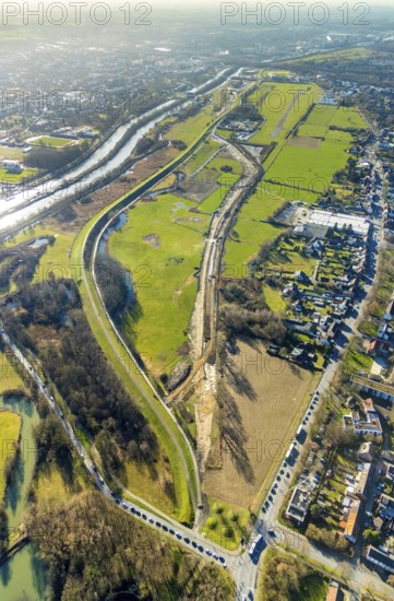 Aerial photo, Lippewiesen, reconstruction of Lippe meadows between Hamm-Lippewiesen airfield and Lippe, EDLH, runway extension in the approach area of runway 24 and runway 06, Heessen, Hamm, Ruhr area, North Rhine-Westphalia, Germany, DEU, Europe, birds-eyes view, aerial photo, aerial photography, aerial photography, overview, overview, bird's eye view, Lippe, Lippe dam, dam relocation, extension of Hamm airfield runway, special airfield