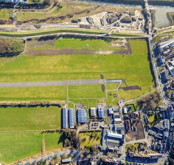 Aerial photo, Lippewiesen, reconstruction of Lippe meadows between Hamm-Lippewiesen airfield and Lippe, EDLH, runway extension in the approach area of runway 24 and runway 06, Heessen, Hamm, Ruhr area, North Rhine-Westphalia, Germany, DEU, Europe, birds-eyes view, aerial photo, aerial photography, aerial photography, overview, overview, bird's eye view, Lippe, Lippe dam, dam relocation, extension of Hamm airfield runway, special airfield