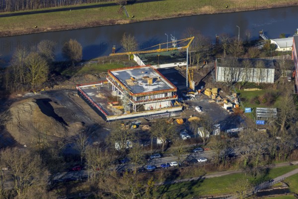 Aerial view, new construction water sports centre, construction area Adenauerallee, Hamm, Ruhr area, North Rhine-Westphalia, Germany, construction work, construction vehicles, construction area, construction site, building plots, construction crane, construction measure, construction project, construction site, DE, development, Europe, canal edge, aerial view, aerial photography, aerial photography, new construction, overview, bird's eye view, water sports, birds-eyes view, overview