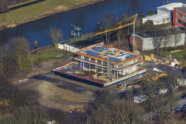Aerial view, new construction water sports centre, construction area Adenauerallee, Hamm, Ruhr area, North Rhine-Westphalia, Germany, construction work, construction vehicles, construction area, construction site, building plots, construction crane, construction measure, construction project, construction site, DE, development, Europe, canal edge, aerial view, aerial photography, aerial photography, new construction, overview, bird's eye view, water sports, birds-eyes view, overview