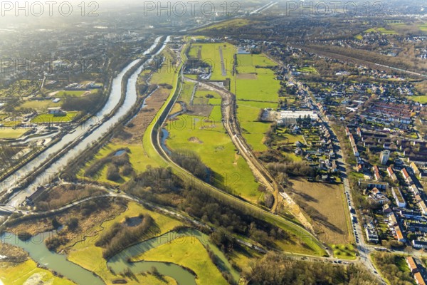 Aerial photo, Lippewiesen, reconstruction of Lippe meadows between Hamm-Lippewiesen airfield and Lippe, EDLH, runway extension in the approach area of runway 24 and runway 06, Heessen, Hamm, Ruhr area, North Rhine-Westphalia, Germany, DEU, Europe, birds-eyes view, aerial photo, aerial photography, aerial photography, overview, overview, bird's eye view, Lippe, Lippe dam, dam relocation, extension of Hamm airfield runway, special airfield