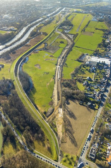 Aerial photo, Lippewiesen, reconstruction of Lippe meadows between Hamm-Lippewiesen airfield and Lippe, EDLH, runway extension in the approach area of runway 24 and runway 06, Heessen, Hamm, Ruhr area, North Rhine-Westphalia, Germany, DEU, Europe, birds-eyes view, aerial photo, aerial photography, aerial photography, overview, overview, bird's eye view, Lippe, Lippe dam, dam relocation, extension of Hamm airfield runway, special airfield
