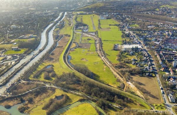 Aerial photo, Lippewiesen, reconstruction of Lippe meadows between Hamm-Lippewiesen airfield and Lippe, EDLH, runway extension in the approach area of runway 24 and runway 06, Heessen, Hamm, Ruhr area, North Rhine-Westphalia, Germany, DEU, Europe, birds-eyes view, aerial photo, aerial photography, aerial photography, overview, overview, bird's eye view, Lippe, Lippe dam, dam relocation, extension of Hamm airfield runway, special airfield