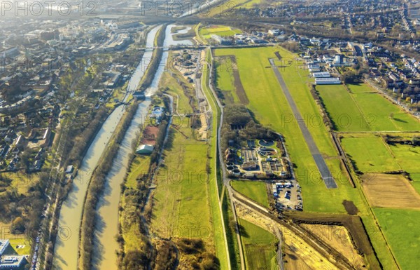 Aerial photo, Lippewiesen, reconstruction of Lippe meadows between Hamm-Lippewiesen airfield and Lippe, EDLH, runway extension in the approach area of runway 24 and runway 06, Heessen, Hamm, Ruhr area, North Rhine-Westphalia, Germany, DEU, Europe, birds-eyes view, aerial photo, aerial photography, aerial photography, overview, overview, bird's eye view, Lippe, Lippe dam, dam relocation, extension of Hamm airfield runway, special airfield