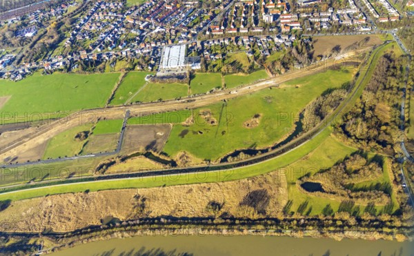 Aerial photo, Lippewiesen, reconstruction of Lippe meadows between Hamm-Lippewiesen airfield and Lippe, EDLH, runway extension in the approach area of runway 24 and runway 06, Heessen, Hamm, Ruhr area, North Rhine-Westphalia, Germany, DEU, Europe, birds-eyes view, aerial photo, aerial photography, aerial photography, overview, overview, bird's eye view, Lippe, Lippe dam, dam relocation, extension of Hamm airfield runway, special airfield