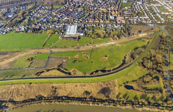 Aerial photo, Lippewiesen, reconstruction of Lippe meadows between Hamm-Lippewiesen airfield and Lippe, EDLH, runway extension in the approach area of runway 24 and runway 06, Heessen, Hamm, Ruhr area, North Rhine-Westphalia, Germany, DEU, Europe, birds-eyes view, aerial photo, aerial photography, aerial photography, overview, overview, bird's eye view, Lippe, Lippe dam, dam relocation, extension of Hamm airfield runway, special airfield