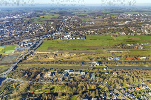 Aerial photo, Lippewiesen, reconstruction of Lippe meadows between Hamm-Lippewiesen airfield and Lippe, EDLH, runway extension in the approach area of runway 24 and runway 06, Heessen, Hamm, Ruhr area, North Rhine-Westphalia, Germany, DEU, Europe, birds-eyes view, aerial photo, aerial photography, aerial photography, overview, overview, bird's eye view, Lippe, Lippe dam, dam relocation, extension of Hamm airfield runway, special airfield