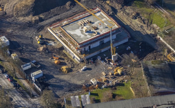 Aerial view, new construction water sports centre, construction area Adenauerallee, Hamm, Ruhr area, North Rhine-Westphalia, Germany, construction work, construction vehicles, construction area, construction site, building plots, construction crane, construction measure, construction project, construction site, DE, development, Europe, canal edge, aerial view, aerial photography, aerial photography, new construction, overview, bird's eye view, water sports, birds-eyes view, overview