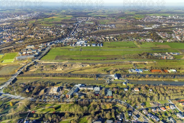 Aerial photo, Lippewiesen, reconstruction of Lippe meadows between Hamm-Lippewiesen airfield and Lippe, EDLH, runway extension in the approach area of runway 24 and runway 06, Heessen, Hamm, Ruhr area, North Rhine-Westphalia, Germany, DEU, Europe, birds-eyes view, aerial photo, aerial photography, aerial photography, overview, overview, bird's eye view, Lippe, Lippe dam, dam relocation, extension of Hamm airfield runway, special airfield
