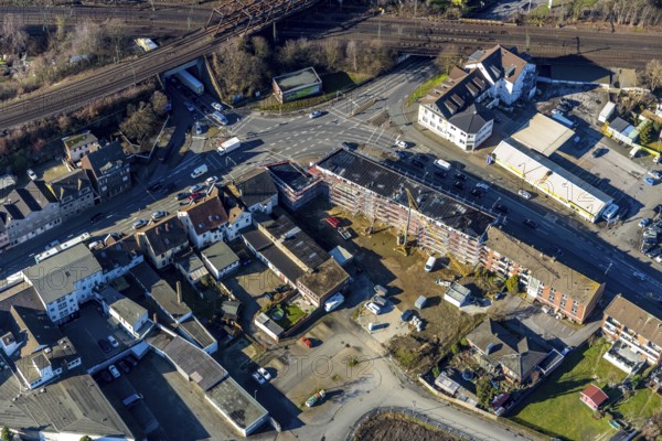 Aerial view, new construction, residential buildings Heessener Straße, corner Münsterstraße, Hamm, Ruhr area, North Rhine-Westphalia, Germany, railway subway, construction work, construction area, building site, building plots, construction project, construction site, DE, Europe, property tax, real estate, capacity requirements, aerial photograph, aerial photography, aerial photography, apartment buildings, new construction, overview, bird's eye view, residential complex, living and living, residential area, residential buildings, quality of living, birds-eyes view, overview