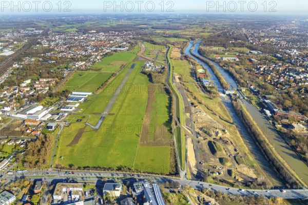 Aerial photo, Lippewiesen, reconstruction of Lippe meadows between Hamm-Lippewiesen airfield and Lippe, EDLH, runway extension in the approach area of runway 24 and runway 06, Heessen, Hamm, Ruhr area, North Rhine-Westphalia, Germany, DEU, Europe, birds-eyes view, aerial photo, aerial photography, aerial photography, overview, overview, bird's eye view, Lippe, Lippe dam, dam relocation, extension of Hamm airfield runway, special airfield