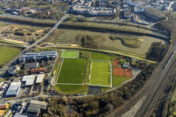 Aerial view, reconstruction Lippe, sports facility hockey and tennis club Hamm, Allee-Center, Hamm Hbf, river Lippe, Datteln-Hamm canal, Hamm, Ruhr area, North Rhine-Westphalia, Germany, railway tracks, DE, Deutsche Bahn AG, shopping markets, shopping centre, Europe, aerial view, aerial photography, aerial photography, local supply centre, Richard-Matthäi, sports, sports facilities, sports field, sports facility, tennis, tennis facility, tennis courts, overview, bird's eye view, birds-eyes view, overview