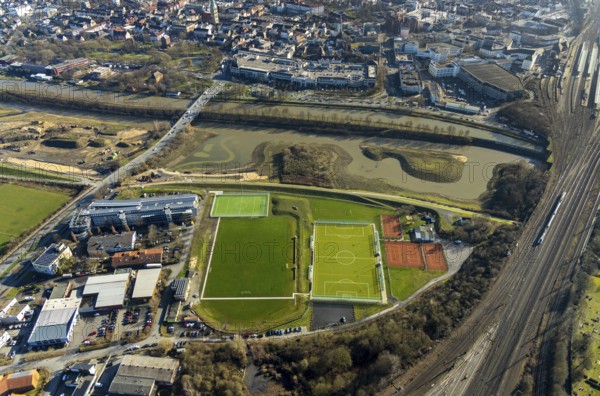Aerial view, reconstruction Lippe, sports facility hockey and tennis club Hamm, Allee-Center, Hamm Hbf, river Lippe, Datteln-Hamm canal, Hamm, Ruhr area, North Rhine-Westphalia, Germany, railway tracks, DE, Deutsche Bahn AG, shopping markets, shopping centre, Europe, aerial view, aerial photography, aerial photography, local supply centre, Richard-Matthäi, sports, sports facilities, sports field, sports facility, tennis, tennis facility, tennis courts, overview, bird's eye view, birds-eyes view, overview