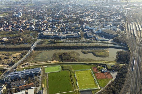 Aerial view, reconstruction Lippe, sports facility hockey and tennis club Hamm, Allee-Center, Hamm Hbf, river Lippe, Datteln-Hamm canal, Hamm, Ruhr area, North Rhine-Westphalia, Germany, railway tracks, DE, Deutsche Bahn AG, shopping markets, shopping centre, Europe, aerial view, aerial photography, aerial photography, local supply centre, Richard-Matthäi, sports, sports facilities, sports field, sports facility, tennis, tennis facility, tennis courts, overview, bird's eye view, birds-eyes view, overview