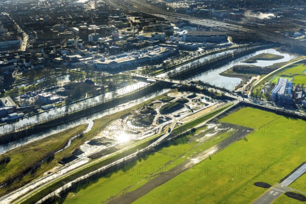 Aerial photo, Lippewiesen, reconstruction of Lippe meadows between Hamm-Lippewiesen airfield and Lippe, EDLH, runway extension in the approach area of runway 24 and runway 06, Heessen, Hamm, Ruhr area, North Rhine-Westphalia, Germany, DEU, Europe, birds-eyes view, aerial photo, aerial photography, aerial photography, overview, overview, bird's eye view, Lippe, Lippe dam, dam relocation, extension of Hamm airfield runway, special airfield