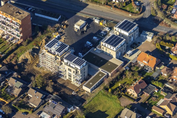 Aerial view, new construction project Augenweide, condominiums and penthouses, Grenzweg, Braam-Ostwennemar, Hamm, Ruhr area, North Rhine-Westphalia, Germany, construction work, construction area, building site, building plots, construction project, DE, development, Europe, property tax, real estate, capacity requirements, aerial view, aerial photography, aerial photography, new construction, overview, bird's eye view, residential complex, living and living, residential buildings, quality of living, residential neighbourhood, birds-eyes view, overview