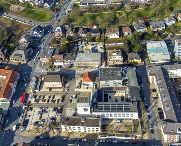 Aerial view, new construction office building Bismarckstraße, Hamm, Ruhr area, North Rhine-Westphalia, Germany, construction work, construction area, construction site, building plots, construction crane, construction measure, construction project, construction site, DE, development, Europe, Hamm head office, Ippen-Stiftung building owner, capacity requirement, aerial view, aerial photography, aerial photography, new construction, overview, bird's-eye view, Volksbank Hamm, birds-eyes view, overview