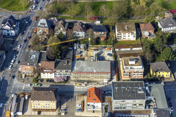 Aerial view, new construction office building Bismarckstraße, Hamm, Ruhr area, North Rhine-Westphalia, Germany, construction work, construction area, construction site, building plots, construction crane, construction measure, construction project, construction site, DE, development, Europe, Hamm head office, Ippen-Stiftung building owner, capacity requirement, aerial view, aerial photography, aerial photography, new construction, overview, bird's-eye view, Volksbank Hamm, birds-eyes view, overview