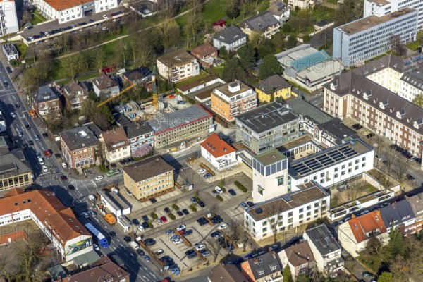 Aerial view, new construction office building Bismarckstraße, Hamm, Ruhr area, North Rhine-Westphalia, Germany, construction work, construction area, construction site, building plots, construction crane, construction measure, construction project, construction site, DE, development, Europe, Hamm head office, Ippen-Stiftung building owner, capacity requirement, aerial view, aerial photography, aerial photography, new construction, overview, bird's-eye view, Volksbank Hamm, birds-eyes view, overview