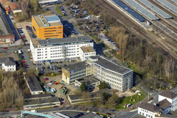 Aerial view, renovation, remodelling work Unionstraße 1, corner Wilhelmstraße, new office building for the regional finance office, Hamm, Ruhr area, North Rhine-Westphalia, Germany, construction work, construction measure, construction project, construction site, DE, renovation, Europe, capacity requirements, aerial photograph, aerial photography, aerial photography, renovation, refurbishment, overview, remodelling work, bird's-eye view, former Voestalpine Böhler Welding administrative headquarters, overview