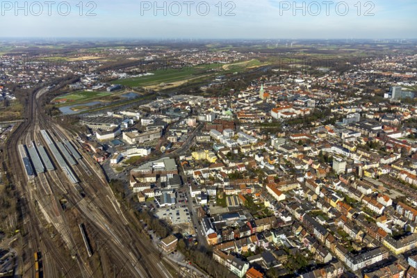 Aerial view, Hamm main station, city centre view, Hamm, Ruhr area, North Rhine-Westphalia, Germany, railway tracks, railway station, DE, Datteln-Hamm canal, Deutsche Bahn AG, Europe, distant view, river Lippe, commercial buildings, property tax, Hamm main station, main railway station, real estate, junction station, aerial view, aerial photography, aerial photography, S-Bahn, overview, bird's eye view, living and working, living and life, residential area, residential buildings, birds-eyes view, overview