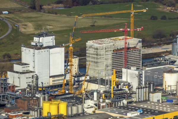Aerial photo, Brökelmann Ölmühle GmbH, Jeckering, industrial plants Speicherstraße, construction site new building, Hamm, Ruhr area, North Rhine-Westphalia, Germany, construction work, construction area, construction crane, construction measure, construction project, construction site, DE, Europe, capacity requirement, aerial photo, aerial photography, aerial photography, overview, bird's-eye view, overview