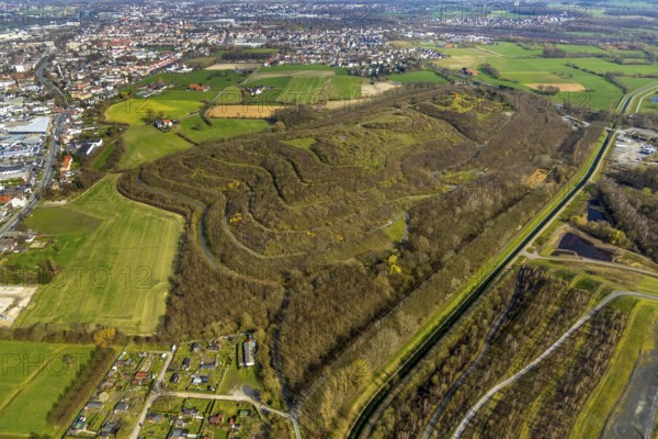 Aerial view, Kissinger Höhe, slag heap, Hamm, Ruhr area, North Rhine-Westphalia, Germany, spoil tip, DE, Europe, distant view, slag heap, slag heap landscape, slag heap sign, aerial photograph, aerial photography, aerial photography, park, tower, overview, bird's eye view, forest area, birds-eyes view, former Ost colliery, overview