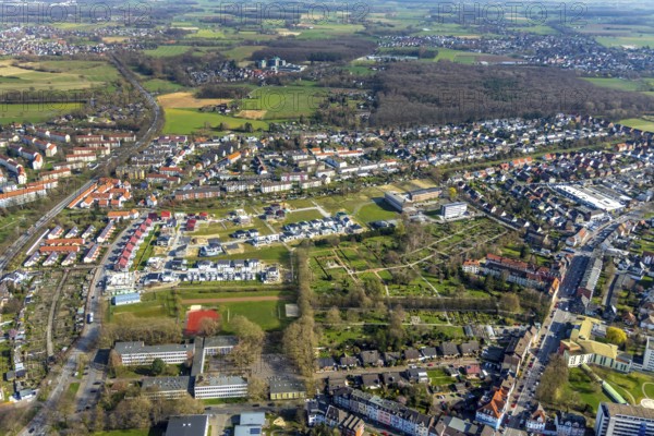 Aerial view, housing estate development area Auf dem Beisenkamp, Eschenallee, Beisenkamp Gymnasium Hamm, sports field Beisenkamp, Hamm, Ruhr area, North Rhine-Westphalia, Germany, construction work, construction area, building site, building plots, construction crane, construction project, construction site, burial site, education, educational institution, DE, home, single-family houses, development, Europe, cemetery, memorial site, Gottesacker, property tax, graves, burial ground, grammar school, real estate, capacity requirements, teaching institute, aerial photograph, aerial photography, aerial photography, new build, terraced houses, resting place, school, south cemetery, overview, bird's-eye view, residential complex, living and life, residential area, residential buildings, residential quality, residential neighbourhood, housing estate, birds-eyes view, overview