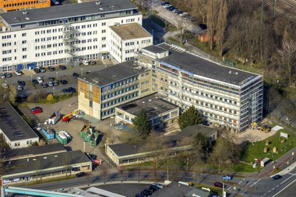 Aerial view, renovation, remodelling work Unionstraße 1, corner Wilhelmstraße, new office building for the regional finance office, Hamm, Ruhr area, North Rhine-Westphalia, Germany, construction work, construction measure, construction project, construction site, DE, renovation, Europe, capacity requirements, aerial photograph, aerial photography, aerial photography, renovation, refurbishment, overview, remodelling work, bird's-eye view, former Voestalpine Böhler Welding administrative headquarters, overview