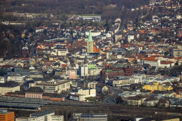 Aerial view, city centre view, Hamm main station, Evang. Pauluskirche, Hamm, Ruhr area, North Rhine-Westphalia, Germany, place of worship, railway station, city, DE, Deutsche Bahn AG, Europe, denomination, place of worship, main station, city centre, church, parish, denomination, aerial view, aerial photography, aerial photography, aerial view, location view, religion, townscape, city area, city centre, overview, bird's eye view, birds-eyes view, overview