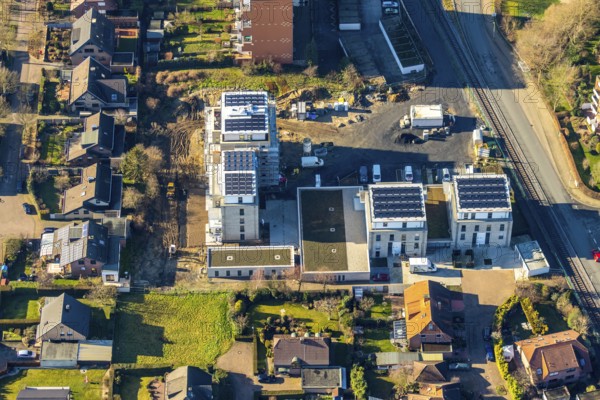 Aerial view, new construction project Augenweide, condominiums and penthouses, Grenzweg, Braam-Ostwennemar, Hamm, Ruhr area, North Rhine-Westphalia, Germany, construction work, construction area, building site, building plots, construction project, DE, development, Europe, property tax, real estate, capacity requirements, aerial view, aerial photography, aerial photography, new construction, overview, bird's eye view, residential complex, living and living, residential buildings, quality of living, residential neighbourhood, birds-eyes view, overview