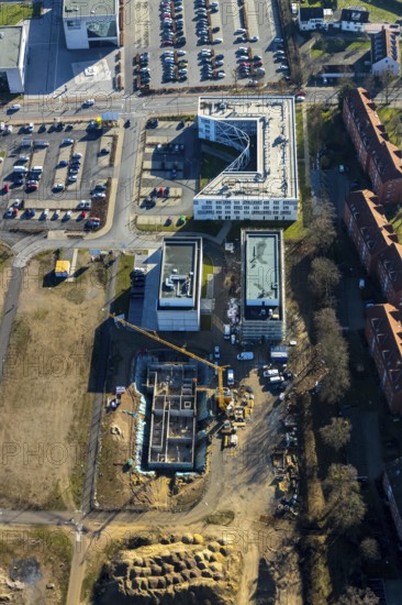 Aerial view, new development area SCI:Q Living, ParacelsusPark, Hamm-Lippstadt University, university campus, Bad Hamm, Hamm, Ruhr area, North Rhine-Westphalia, Germany, education, educational institution, DE, Europe, aerial view, aerial photography, aerial photography, Marker Allee, overview, university, bird's eye view, birds-eyes view, overview