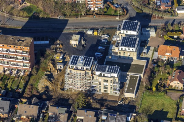 Aerial view, new construction project Augenweide, condominiums and penthouses, Grenzweg, Braam-Ostwennemar, Hamm, Ruhr area, North Rhine-Westphalia, Germany, construction work, construction area, building site, building plots, construction project, DE, development, Europe, property tax, real estate, capacity requirements, aerial view, aerial photography, aerial photography, new construction, overview, bird's eye view, residential complex, living and living, residential buildings, quality of living, residential neighbourhood, birds-eyes view, overview
