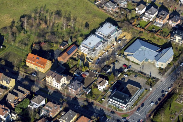 Aerial view, dialysis centre Hamm, residential complex construction site new building barrier-free and elderly-friendly flats, Bad Hamm, Hamm, Ruhr area, North Rhine-Westphalia, Germany, DE, Europe, Ludwig-Teleky-Straße, aerial view, aerial photography, aerial photography, medical facility, medical assistance, overview, bird's-eye view, overview, medical care