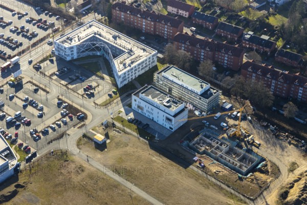 Aerial view, new development area SCI:Q Living, ParacelsusPark, Hamm-Lippstadt University, university campus, Bad Hamm, Hamm, Ruhr area, North Rhine-Westphalia, Germany, education, educational institution, DE, Europe, aerial view, aerial photography, aerial photography, Marker Allee, overview, university, bird's eye view, birds-eyes view, overview